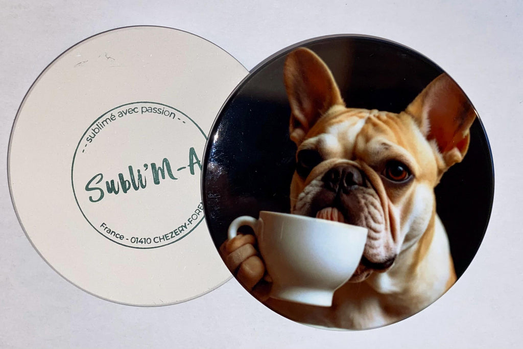 Lot 4 sous-verres/dessous de tasses, sous-bocks, céramiques, ronds, thème Bouledogue Français