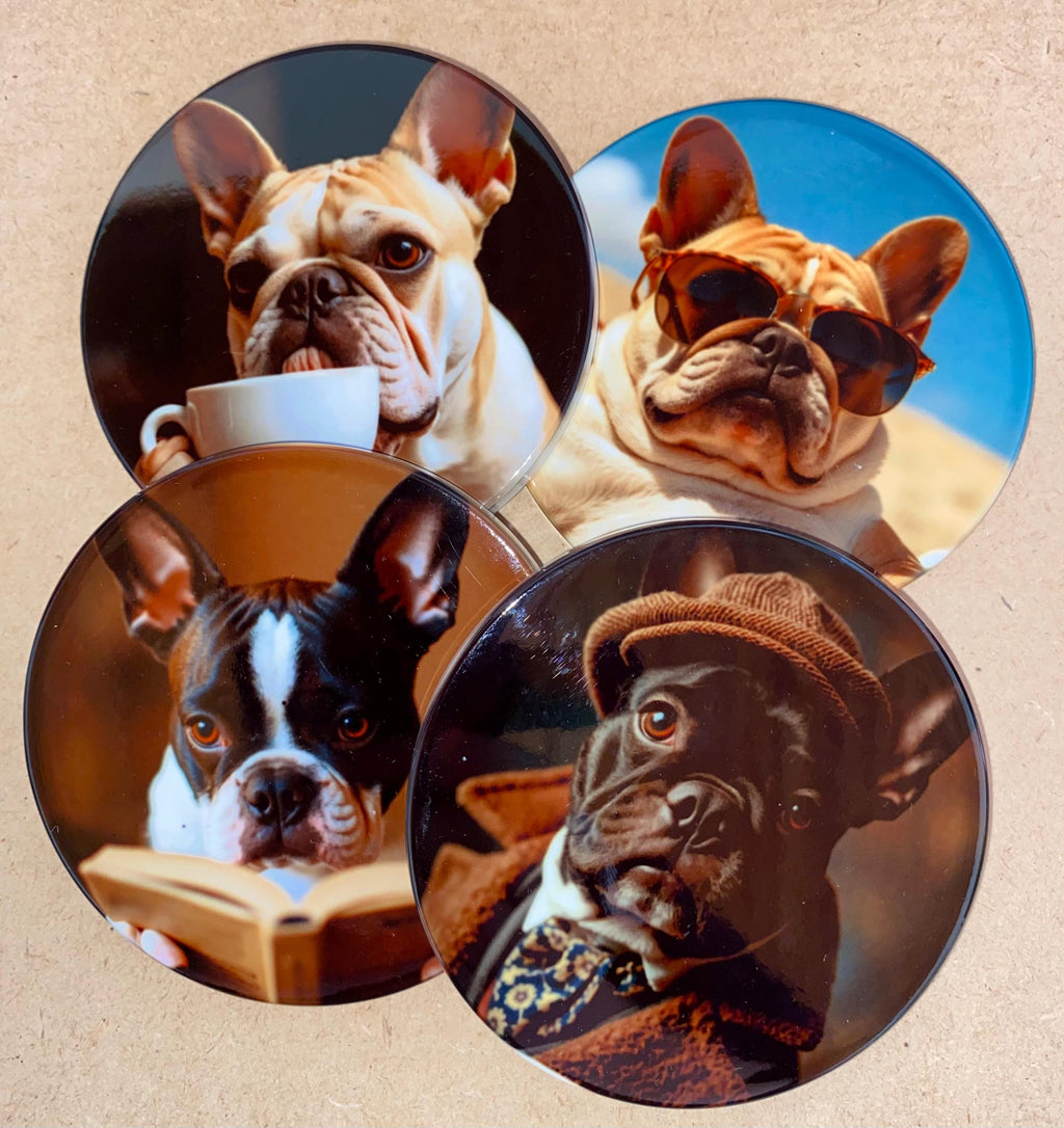 Lot 4 sous-verres/dessous de tasses, sous-bocks, céramiques, ronds, thème Bouledogue Français