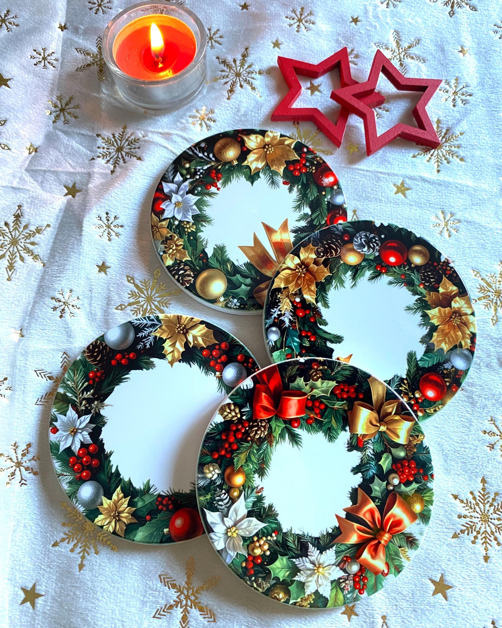 Lot 4 sous-verres, dessous de tasse, sous-bocks, ronds, thème Noël