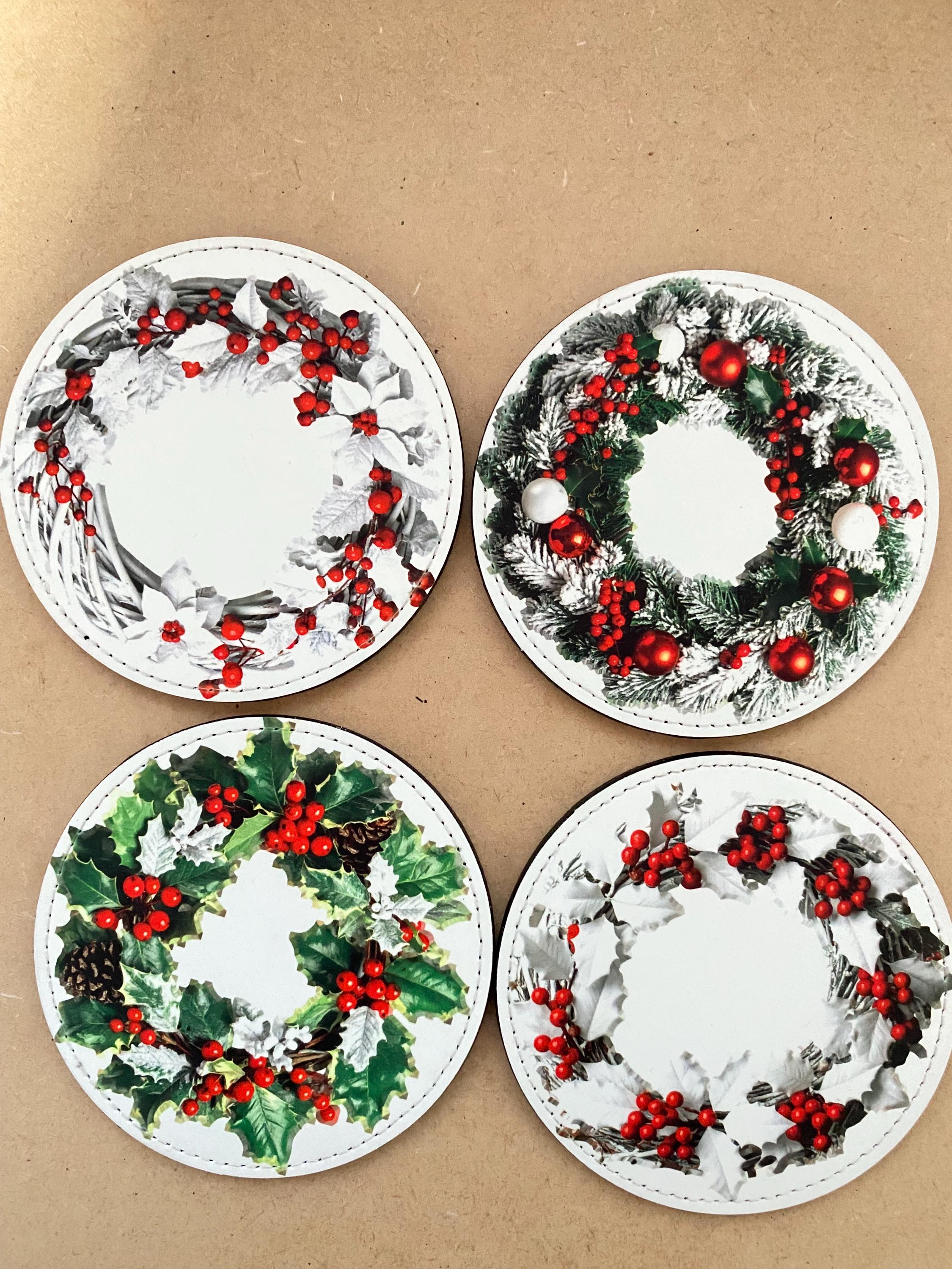 Lot de 4 Sous-verres/dessous de tasses, sous-bocks, couronnes de Noël
