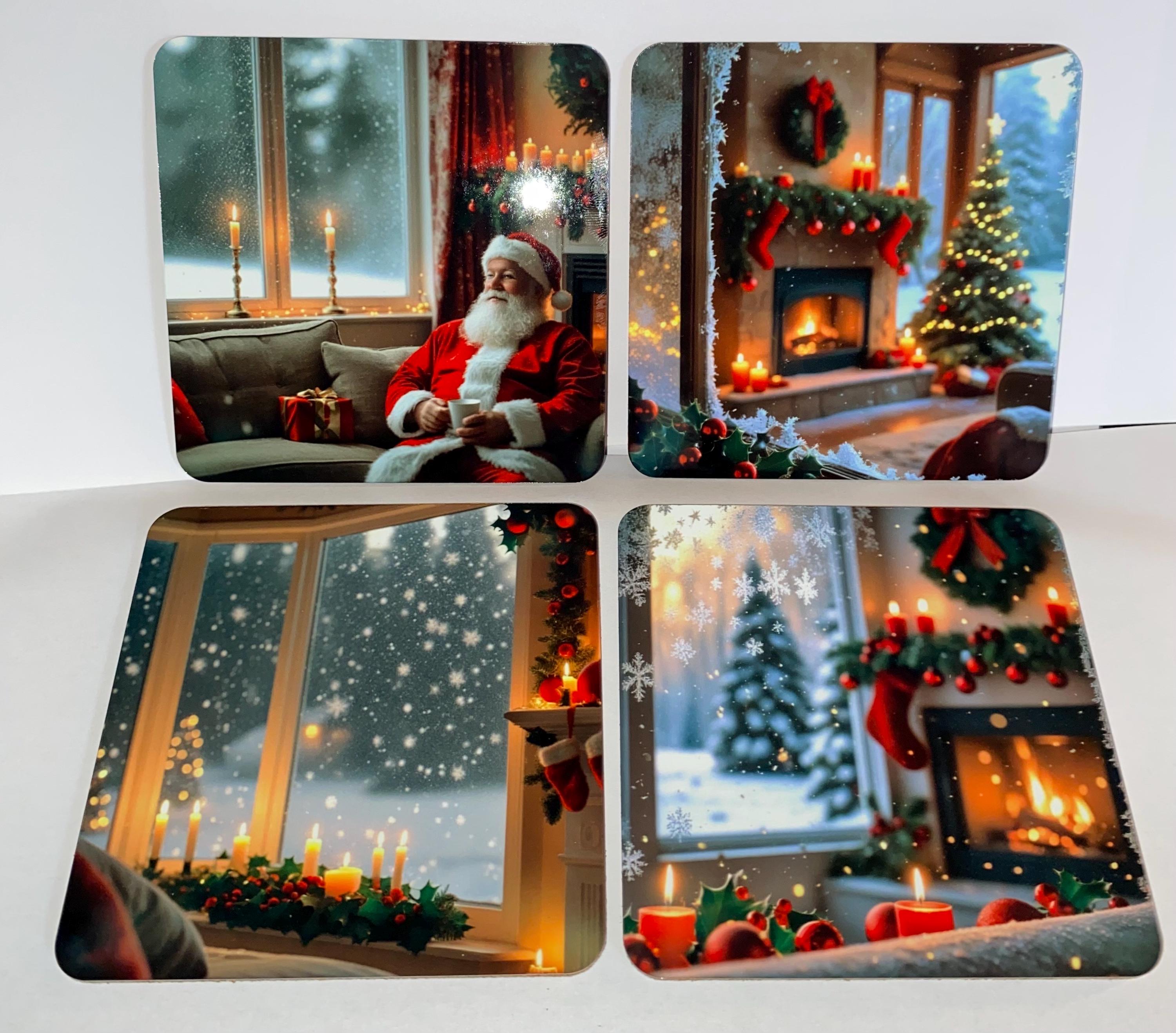 Lot de 4 sous-verres/dessous de tasses, sous-bocks, carrés, thème Noël