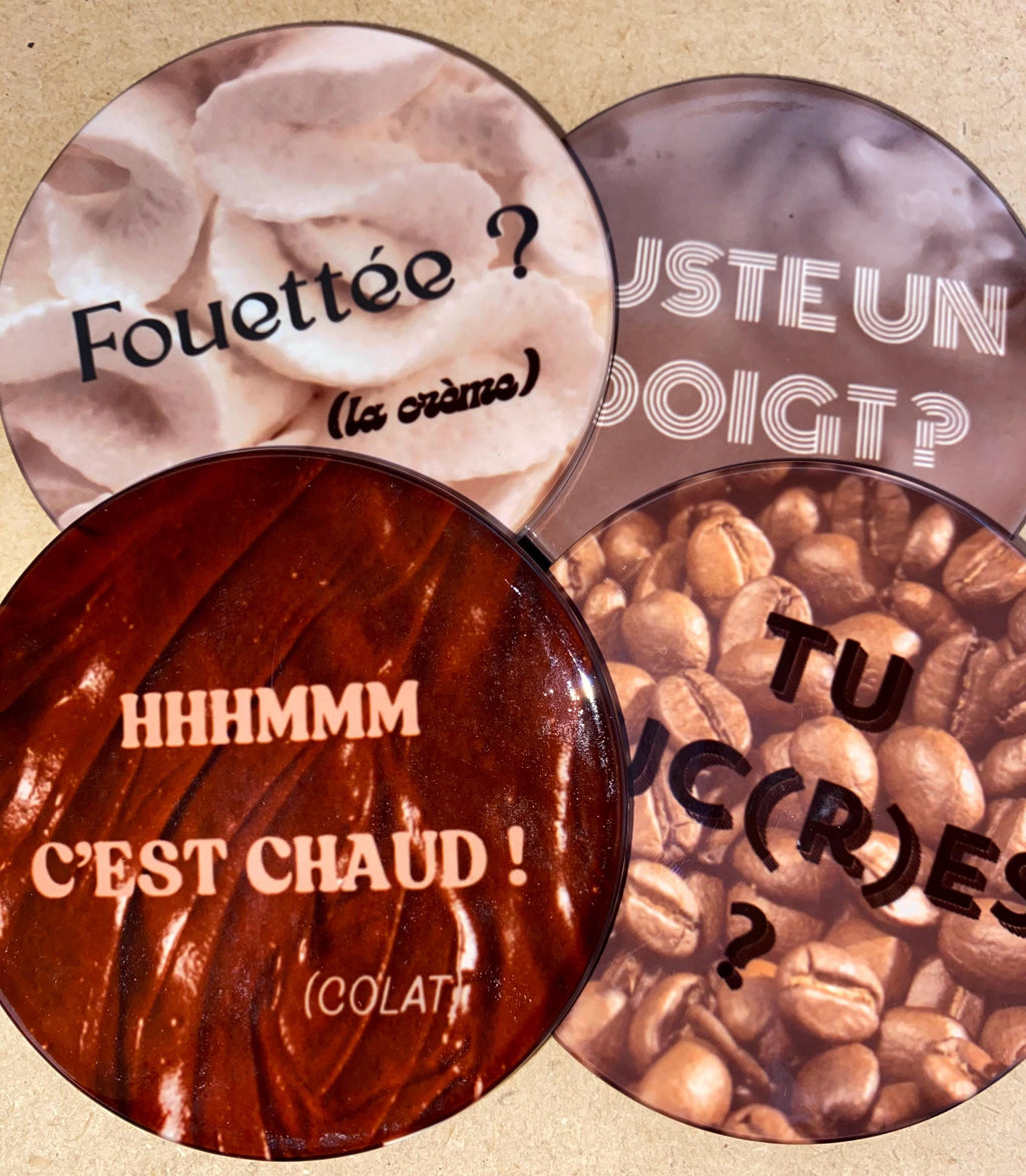 Lot 4 sous-verres/dessous de tasses, sous-bocks, céramiques, ronds, thème Jeu de Mots